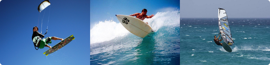 Fotografia composita di un kitesurfista, un surfista ed un windsurfista in azione
